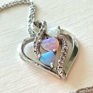 Sterling Silver Heart Shaped Pendant Fire Opal? Chain Necklace w Clear Stones